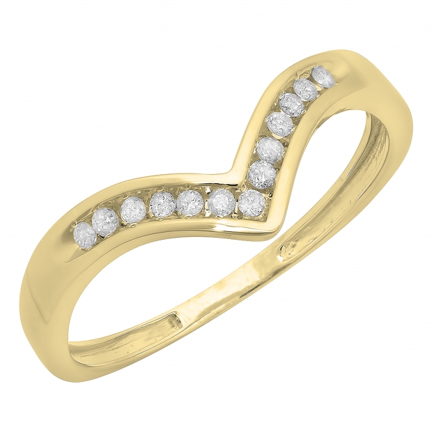 0.10 Carat (ctw) 14K Yellow Gold White Round Real Diamond Wedding Stackable Band Anniversary Guard Chevron Ring 1/10 CT