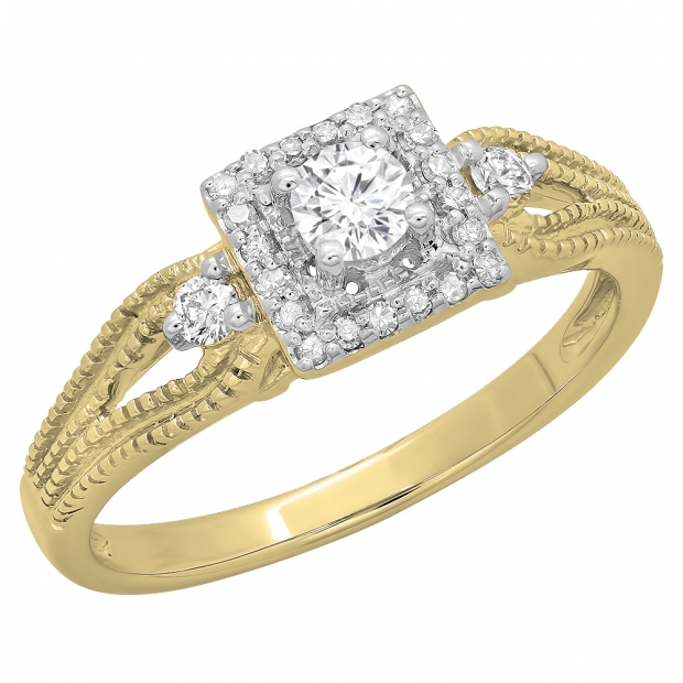 0.40 Carat (ctw) 14K Yellow Gold Round Cut Diamond Ladies Bridal Vintage Halo Style Engagement Ring