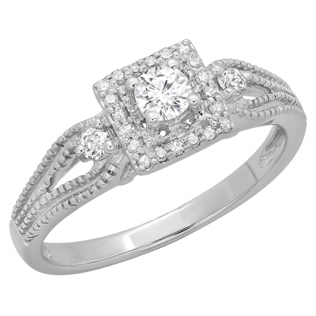 0.40 Carat (ctw) 18K White Gold Round Cut Diamond Ladies Bridal Vintage Halo Style Engagement Ring