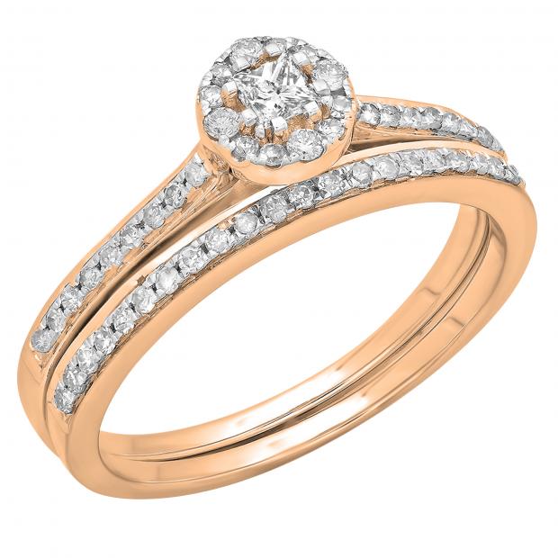 0.40 Carat (ctw) 18K Rose Gold Princess & Round Cut Diamond Ladies Bridal Halo Style Engagement Ring With Matching Band Set