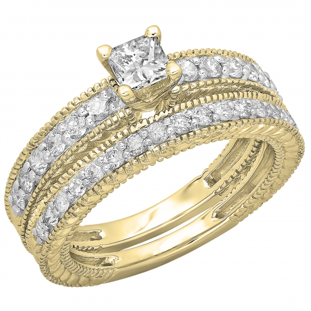 1.10 Carat (ctw) 10K Yellow Gold Princess & Round Cut Diamond Ladies Vintage Bridal Engagement Ring With Matching Band Set 1 CT
