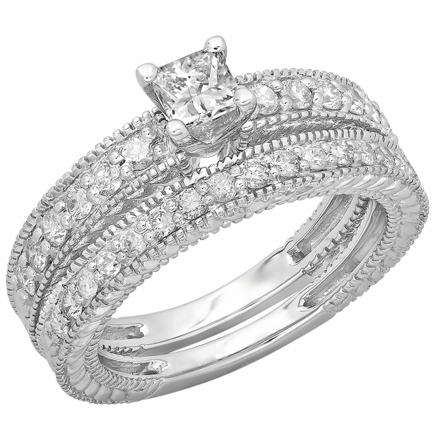 1.10 Carat (ctw) 14K White Gold Princess & Round Cut Diamond Ladies Vintage Bridal Engagement Ring With Matching Band Set 1 CT