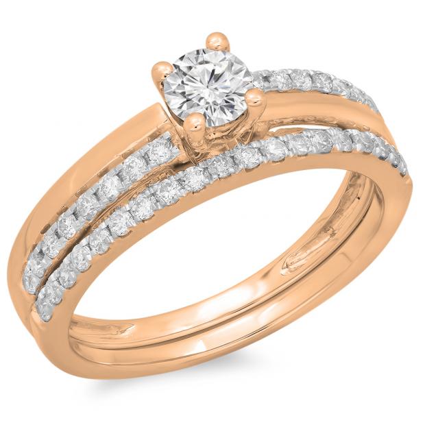 0.75 Carat (ctw) 10K Rose Gold Round Cut Diamond Ladies Bridal Engagement Ring With Matching Band Set 3/4 CT