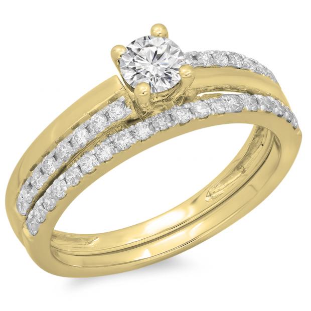 0.75 Carat (ctw) 10K Yellow Gold Round Cut Diamond Ladies Bridal Engagement Ring With Matching Band Set 3/4 CT