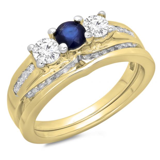 1.10 Carat (ctw) 10K Yellow Gold Round Blue Sapphire & White Diamond Ladies Bridal 3 Stone Engagement Ring With Matching Band Set 1 CT