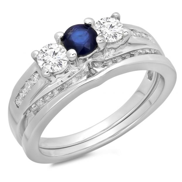 1.10 Carat (ctw) 14K White Gold Round Blue Sapphire & White Diamond Ladies Bridal 3 Stone Engagement Ring With Matching Band Set 1 CT