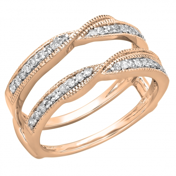 0.33 Carat (ctw) 14K Rose Gold Round Diamond Ladies Anniversary Wedding Band Enhancer Guard Double Ring 1/3 CT