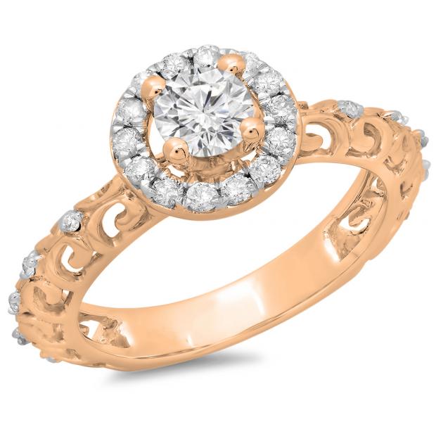 0.80 Carat (ctw) 14K Rose Gold Round Cut Diamond Ladies Bridal Vintage Halo Style Engagement Ring 3/4 CT