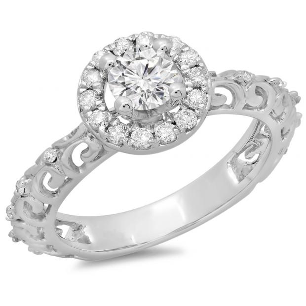 0.80 Carat (ctw) 14K White Gold Round Cut Diamond Ladies Bridal Vintage Halo Style Engagement Ring 3/4 CT