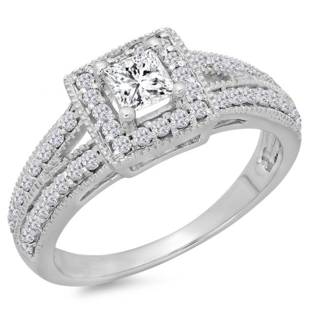 0.80 Carat (ctw) 18K White Gold Princess & Round Cut Diamond Ladies Split Shank Bridal Halo Engagement Ring 3/4 CT