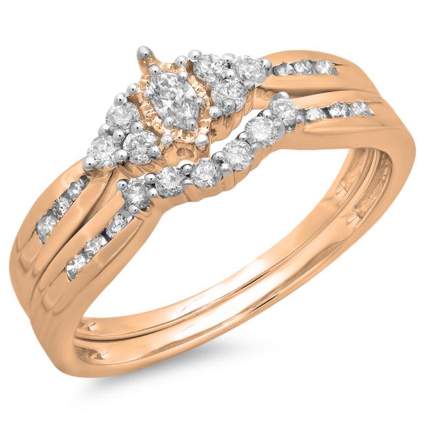 0.55 Carat (ctw) 10K Rose Gold Marquise & Round Cut Diamond Ladies Bridal Engagement Ring With Matching Band Set 1/2 CT
