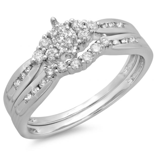 0.55 Carat (ctw) 10K White Gold Marquise & Round Cut Diamond Ladies Bridal Engagement Ring With Matching Band Set 1/2 CT