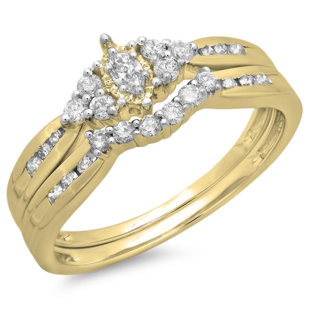 0.55 Carat (ctw) 10K Yellow Gold Marquise & Round Cut Diamond Ladies Bridal Engagement Ring With Matching Band Set 1/2 CT