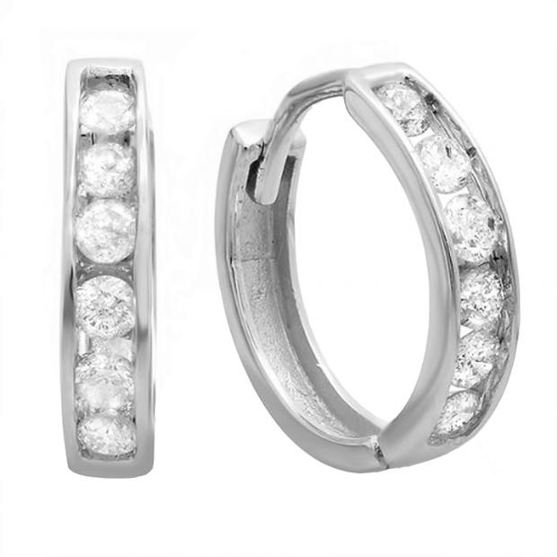 0.30 Carat (ctw) 14K White Gold Round Diamond Ladies Mens Unisex Huggie Hoop Earrings 1/3 CT