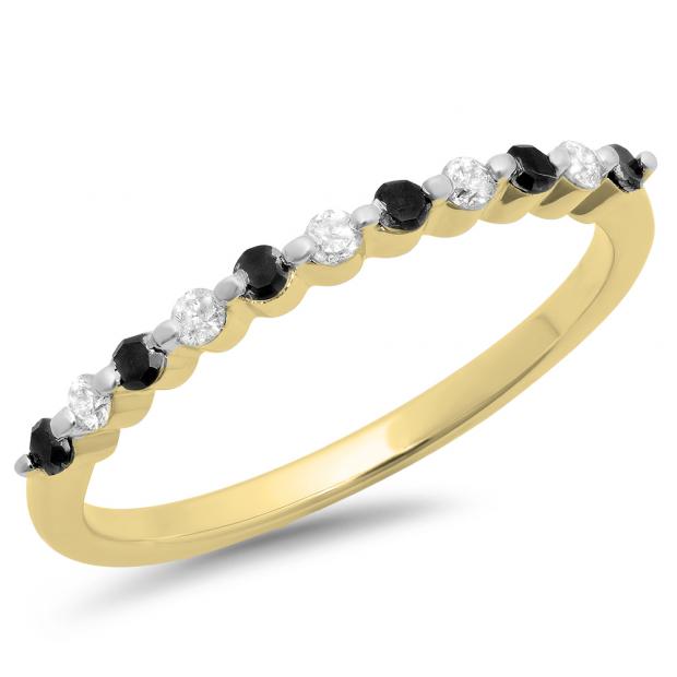 0.25 Carat (ctw) 10K Yellow Gold Round Black & White Diamond Ladies 11 Stone Anniversary Wedding Stackable Band 1/4 CT