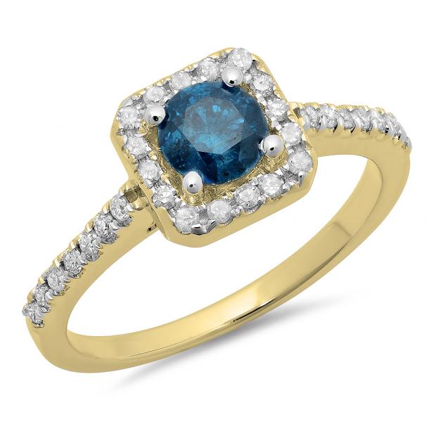 0.90 Carat (ctw) 10K Yellow Gold Round Blue & White Diamond Ladies Bridal Halo Style Engagement Ring