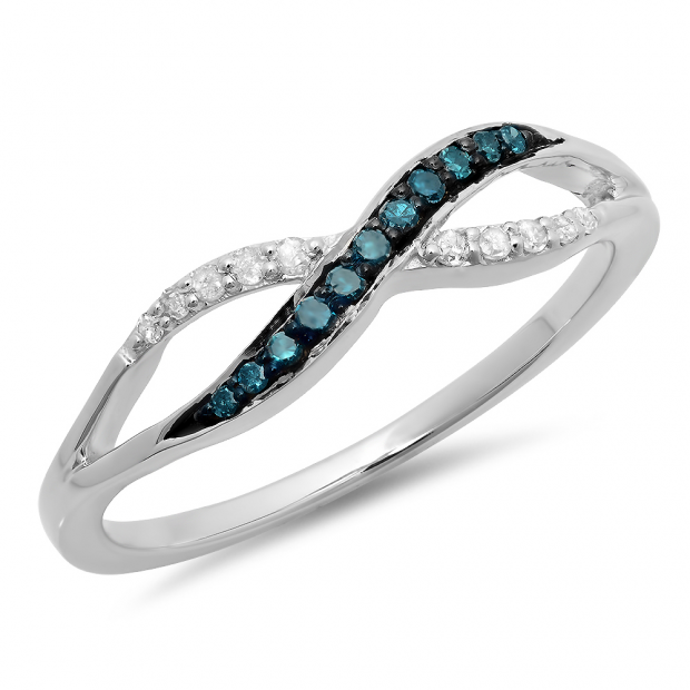 0.15 Carat (ctw) 14K White Gold Round Blue & White Diamond Ladies Anniversary Wedding Crossover Swirl Band