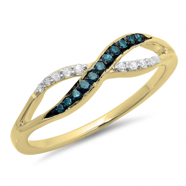 0.15 Carat (ctw) 14K Yellow Gold Round Blue & White Diamond Ladies Anniversary Wedding Crossover Swirl Band