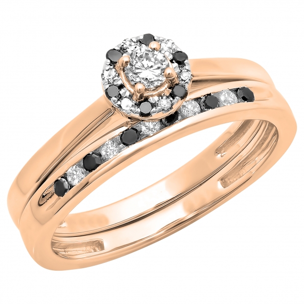 0.40 Carat (ctw) 10K Rose Gold Round Black & White Diamond Ladies Bridal Halo Engagement Ring With Matching Band Set