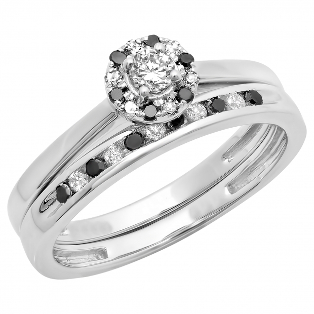 0.40 Carat (ctw) 10K White Gold Round Black & White Diamond Ladies Bridal Halo Engagement Ring With Matching Band Set