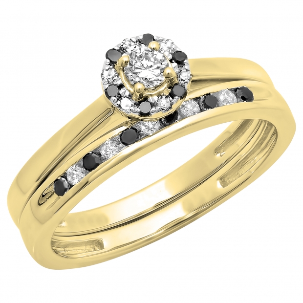 0.40 Carat (ctw) 18K Yellow Gold Round Black & White Diamond Ladies Bridal Halo Engagement Ring With Matching Band Set