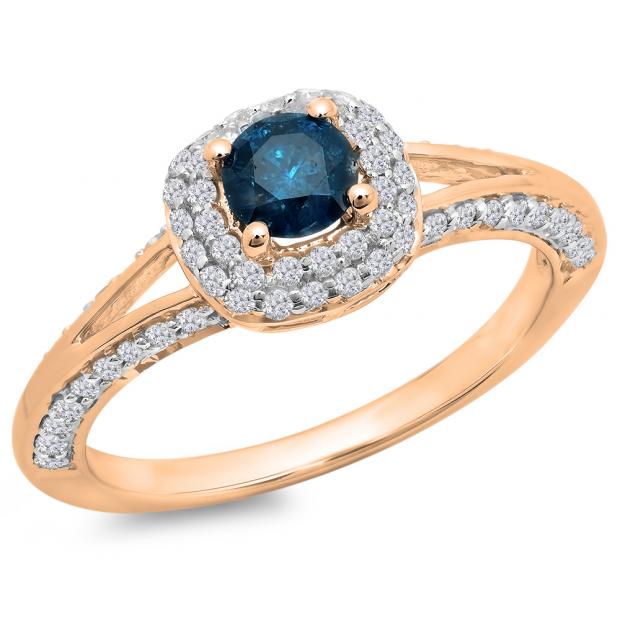 0.90 Carat (ctw) 10K Rose Gold Round Cut Blue & White Diamond Ladies Bridal Split Shank Halo Style Engagement Ring