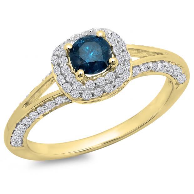 0.90 Carat (ctw) 10K Yellow Gold Round Cut Blue & White Diamond Ladies Bridal Split Shank Halo Style Engagement Ring