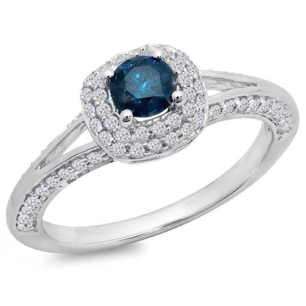 0.90 Carat (ctw) 14K White Gold Round Cut Blue & White Diamond Ladies Bridal Split Shank Halo Style Engagement Ring