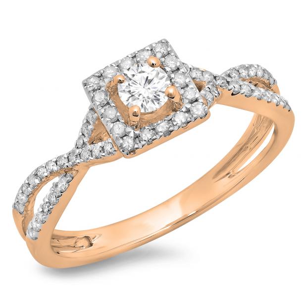0.50 Carat (ctw) 14K Rose Gold Round Cut Diamond Ladies Bridal Swirl Split Shank Halo Engagement Ring 1/2 CT