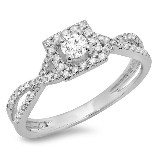0.50 Carat (ctw) 14K White Gold Round Cut Diamond Ladies Bridal Swirl Split Shank Halo Engagement Ring 1/2 CT
