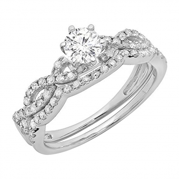 0.90 Carat (ctw) 18K White Gold Round Cut Diamond Ladies Bridal Twisted Swirl Engagement Ring Matching Wedding Band Set