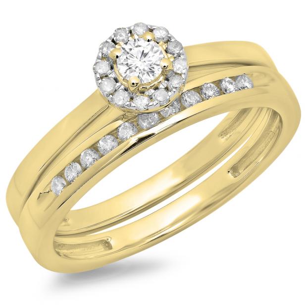 0.33 Carat (ctw) 10K Yellow Gold Round Cut Diamond Ladies Bridal Halo Engagement Ring With Matching Band Set 1/3 CT