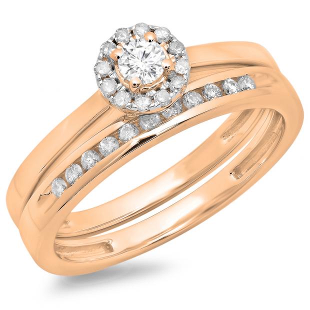 0.33 Carat (ctw) 14K Rose Gold Round Cut Diamond Ladies Bridal Halo Engagement Ring With Matching Band Set 1/3 CT