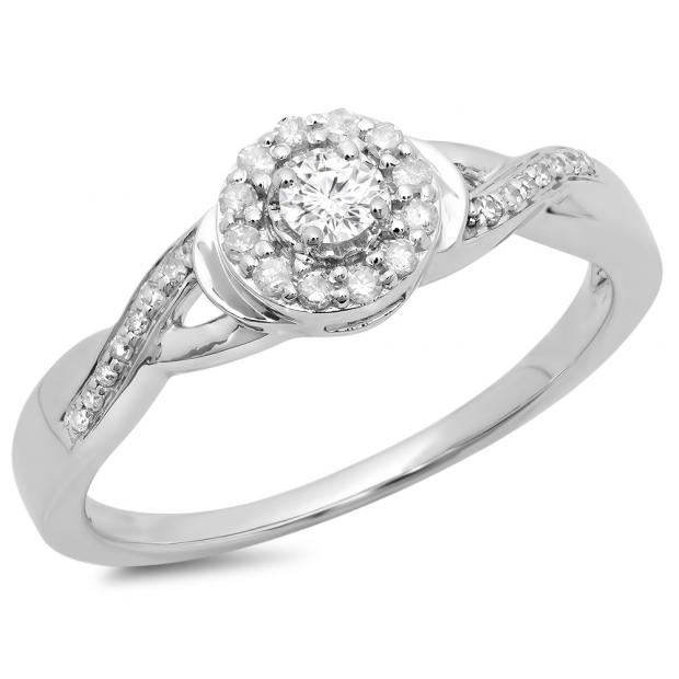 0.25 Carat (ctw) 10K White Gold Round Diamond Ladies Swirl Split Shank Bridal Halo Engagement Ring 1/4 CT