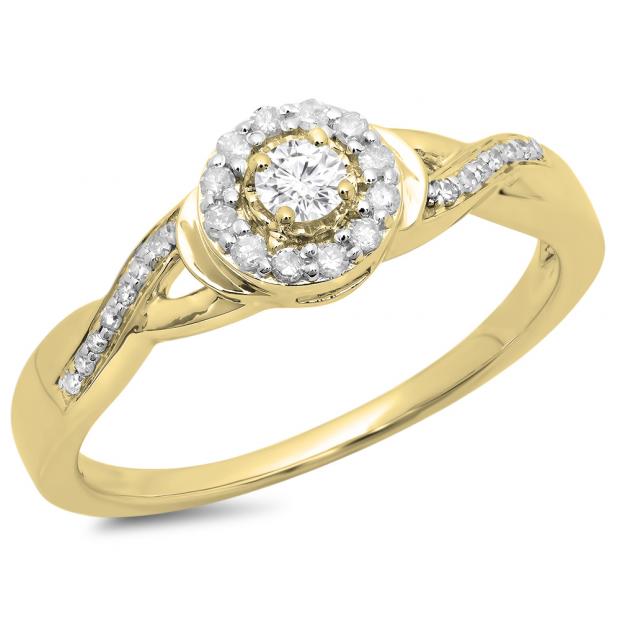 0.25 Carat (ctw) 10K Yellow Gold Round Diamond Ladies Swirl Split Shank Bridal Halo Engagement Ring 1/4 CT