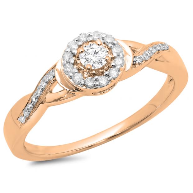 0.25 Carat (ctw) 18K Rose Gold Round Diamond Ladies Swirl Split Shank Bridal Halo Engagement Ring 1/4 CT