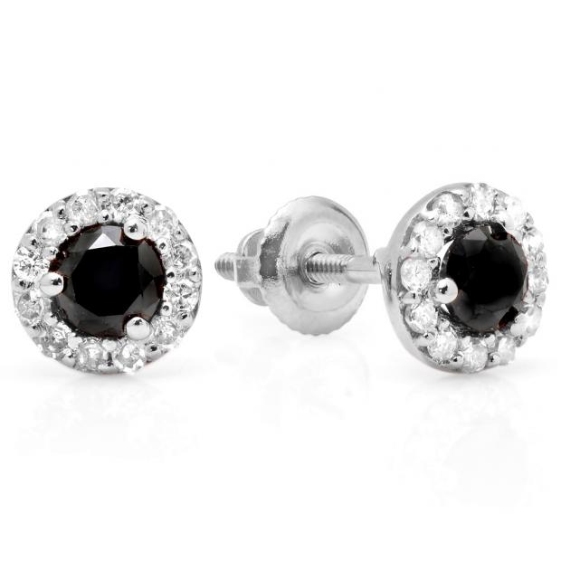 0.60 Carat (ctw) 14K White Gold Real Round Cut Black & White Diamond Ladies Cluster Halo Style Stud Earrings
