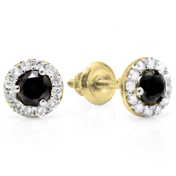 0.60 Carat (ctw) 14K Yellow Gold Real Round Cut Black & White Diamond Ladies Cluster Halo Style Stud Earrings