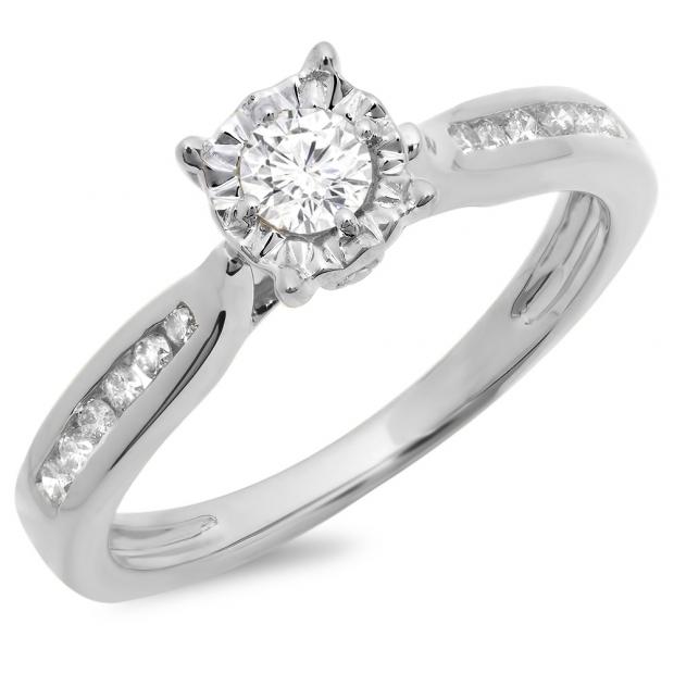 0.40 Carat (ctw) 10K White Gold Round Cut Diamond Ladies Bridal Solitaire With Accents Engagement Ring