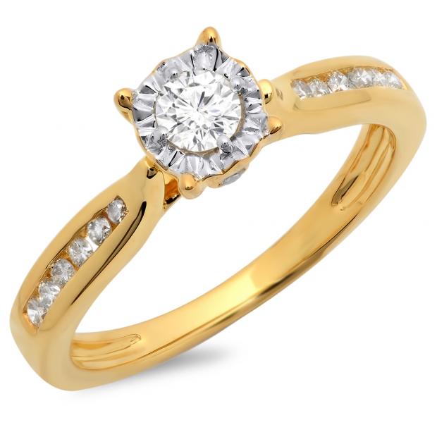 0.40 Carat (ctw) 14K Yellow Gold Round Cut Diamond Ladies Bridal Solitaire With Accents Engagement Ring