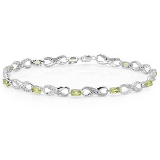 2.38 Carat (ctw) Sterling Silver Real Oval Cut Peridot & Round Cut White Diamond Ladies Infinity Link Tennis Bracelet