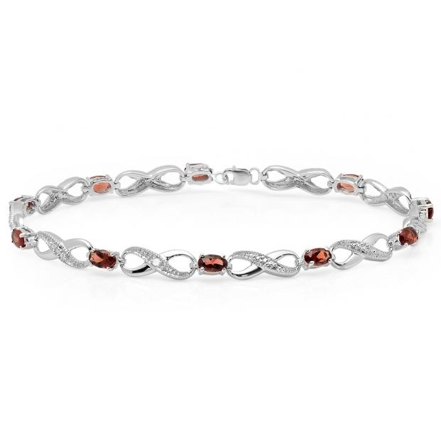 2.70 Carat (ctw) Sterling Silver Real Oval Cut Garnet & Round Cut White Diamond Ladies Infinity Link Tennis Bracelet