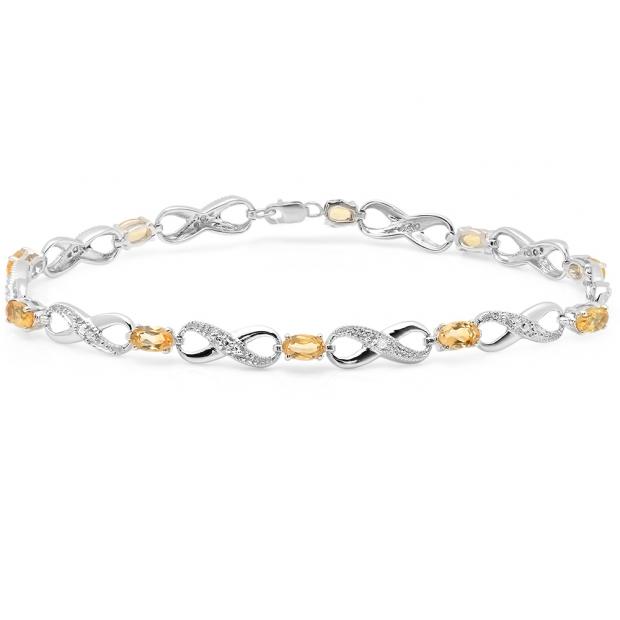 2.27 Carat (ctw) Sterling Silver Real Oval Cut Citrine & Round Cut White Diamond Ladies Infinity Link Tennis Bracelet