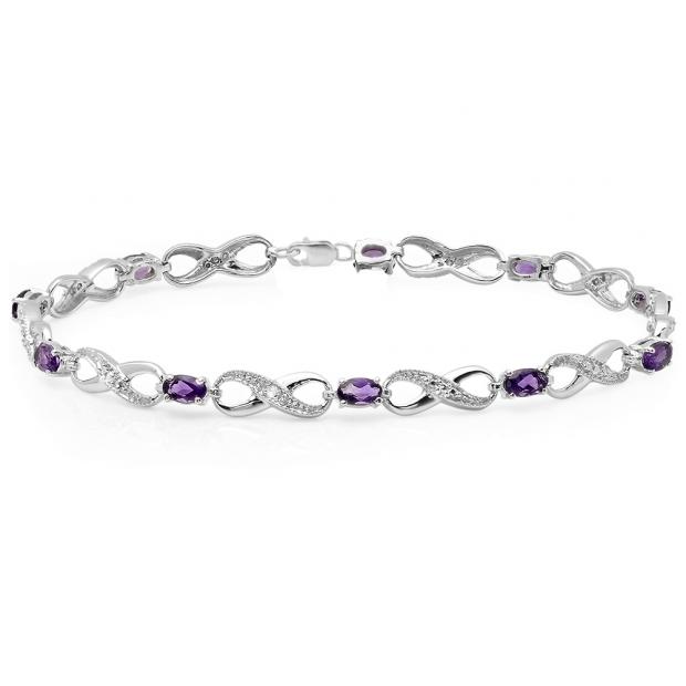 2.26 Carat (ctw) Sterling Silver Real Oval Cut Amethyst & Round Cut White Diamond Ladies Infinity Link Tennis Bracelet