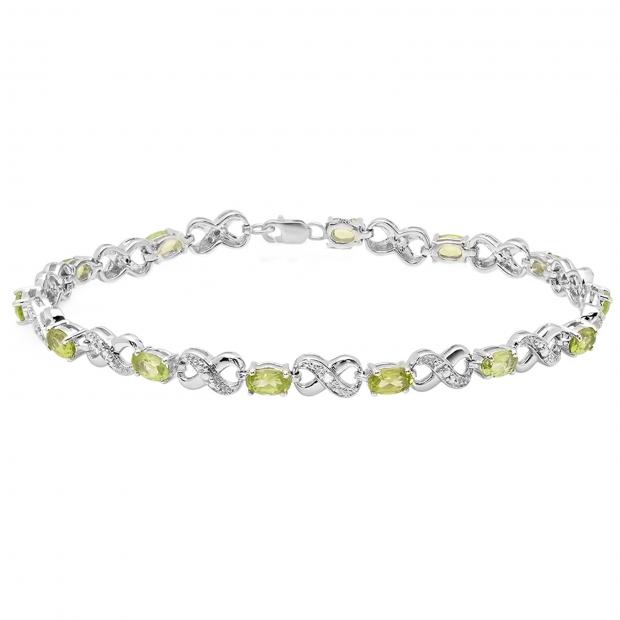 3.18 Carat (ctw) Sterling Silver Real Oval Cut Peridot & Round Cut White Diamond Ladies Infinity Link Tennis Bracelet