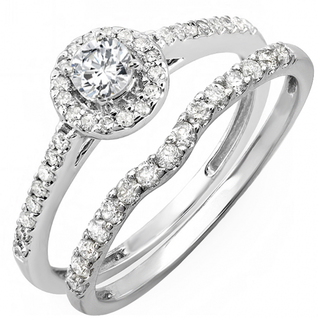 0.60 Carat (ctw) 14K White Gold Round Diamond Ladies Bridal Halo Engagement Ring With Matching Band Set