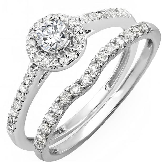 1.15 Carat (ctw) Sterling Silver Round Cubic Zirconia Ladies Bridal Halo Engagement Ring With Matching Band Set
