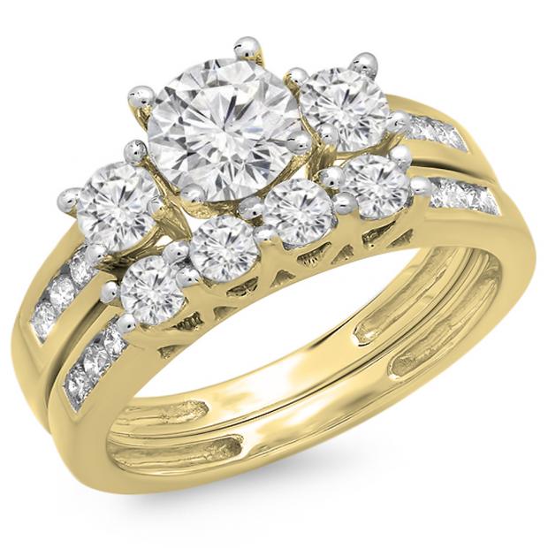 1.80 Carat (ctw) 14K Yellow Gold Round Diamond Ladies Bridal 3 Stone Engagement Ring With Matching Band Set