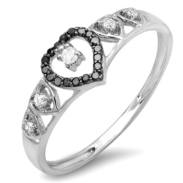 0.15 Carat (ctw) 14K White Gold Round Black & White Diamond Ladies Bridal Wave Heart Promise Ring