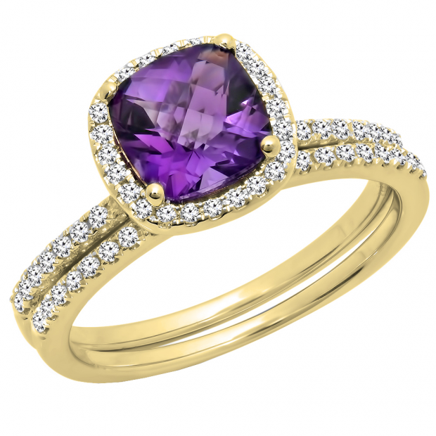 1.75 Carat (ctw) 10K Yellow Gold Cushion Cut Amethyst & Round Cut White Diamond Ladies Bridal Halo Engagement Ring With Matching Band Set 1 3/4 CT